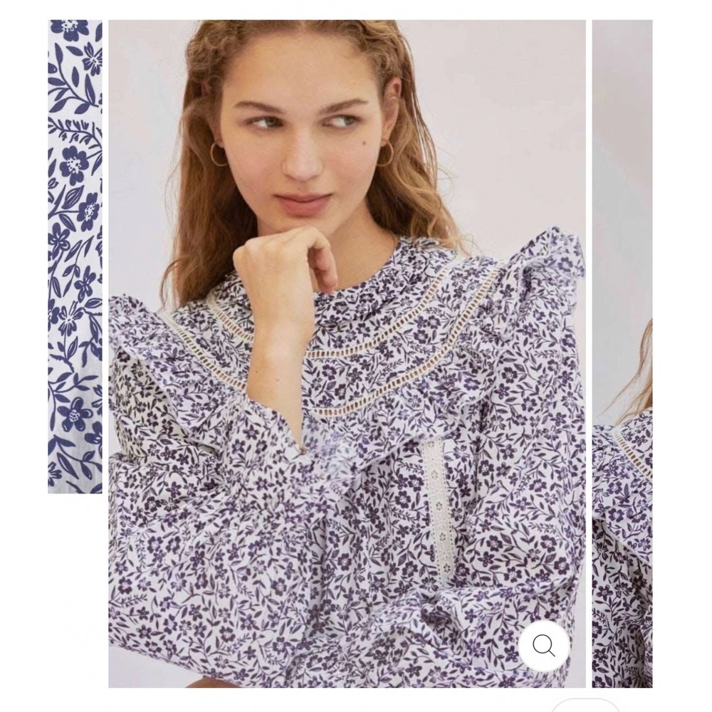 SONMER Carmen Blouse Women S Blue Floral Ruffle Lace Long Sleeve